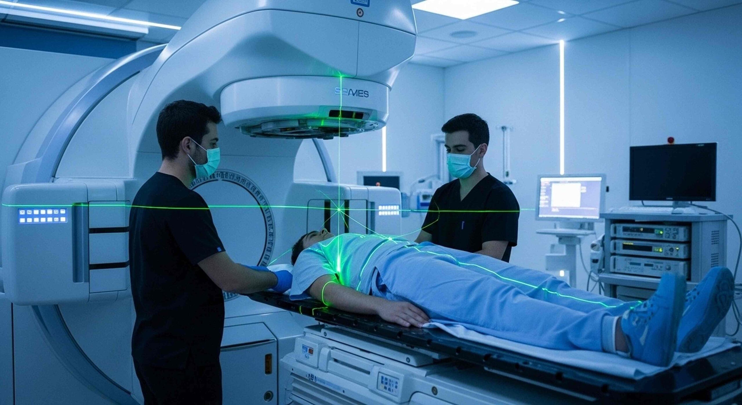 Patient receiving head and neck cancer radiation therapy from a medical team using a linear accelerator.