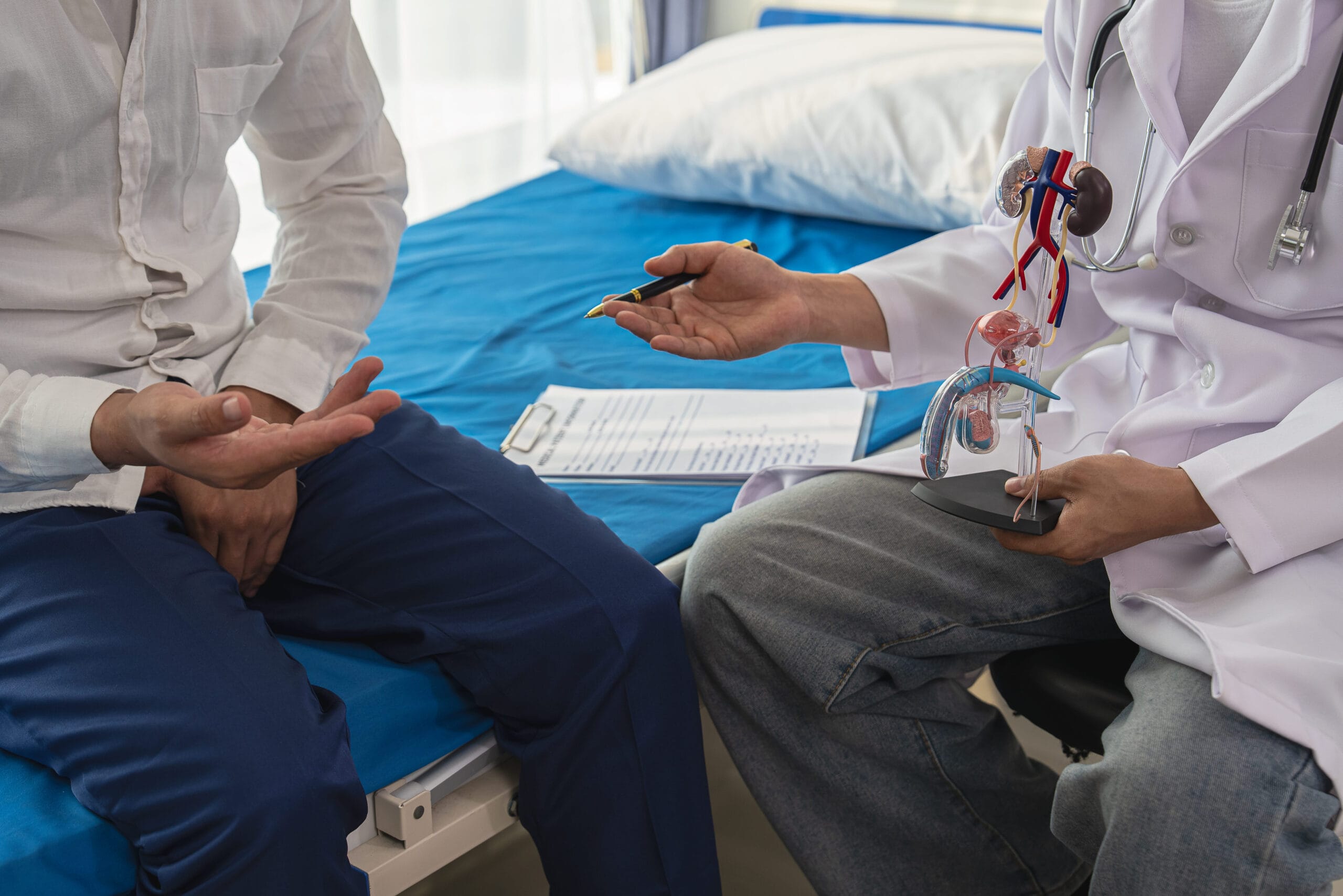 Doctor explaining bladder cancer radiation therapy to a patient using a urinary system model.