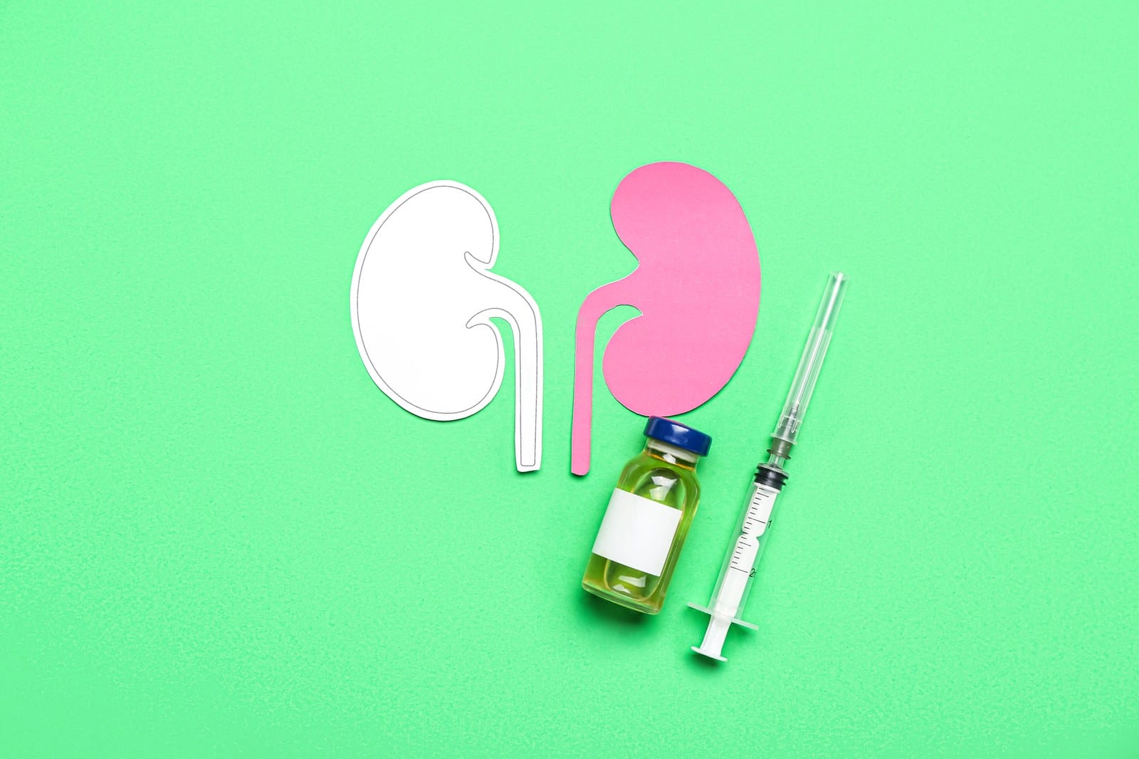 Graphic of human kidneys, syringe, and medicine vial for non-surgical kidney cancer treatment